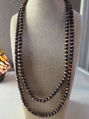 Classic Long Copper-Tone Beaded Necklace - Brown/Copper